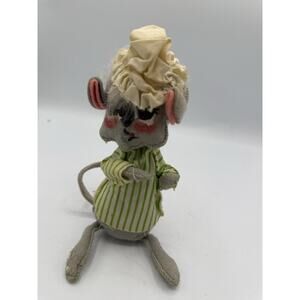 1971 Annalee Mouse Doll 6” Green Stripe Pajamas Shower Cap Felt VTG Sleepy Look